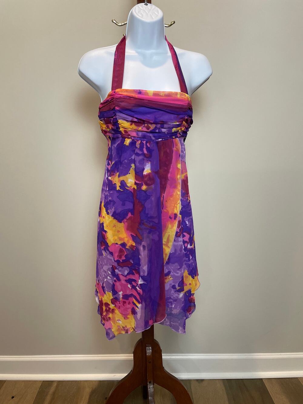 Johnny Martin Purple Yellow Chiffon Halter A‑Line Dress Resort Summer Beach